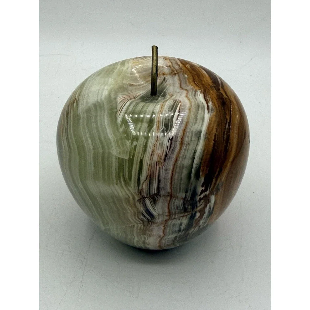 Green Brown Onyx Apple Paperweight Carved Polished Solid Marble Natural Stone 4”